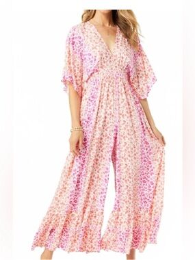 NWOT Coco + Carmen Pink Leopard Print Viscose V-Neck Wide-Leg Jumpsuit XL/XXL